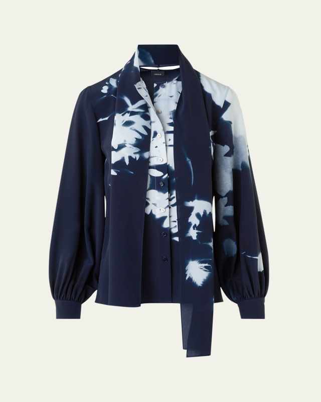 Wildflower-Print Silk Crepe Scarf Blouse
